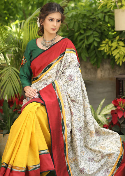 YELLOW COTTON SAREE WITH EXCLUSIVE KANTHA WORK PALLU & IKAAT BORDER