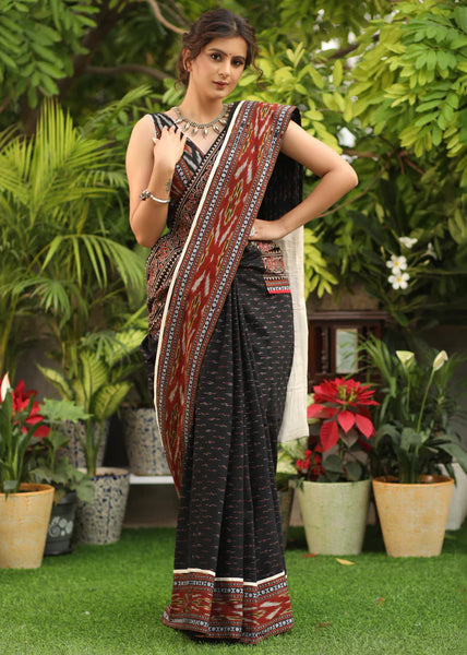 BLACK IKAAT SAREE WITH AJRAKH & IKAAT COMBINATION BORDER