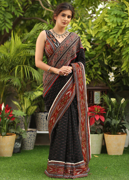BLACK IKAAT SAREE WITH AJRAKH & IKAAT COMBINATION BORDER
