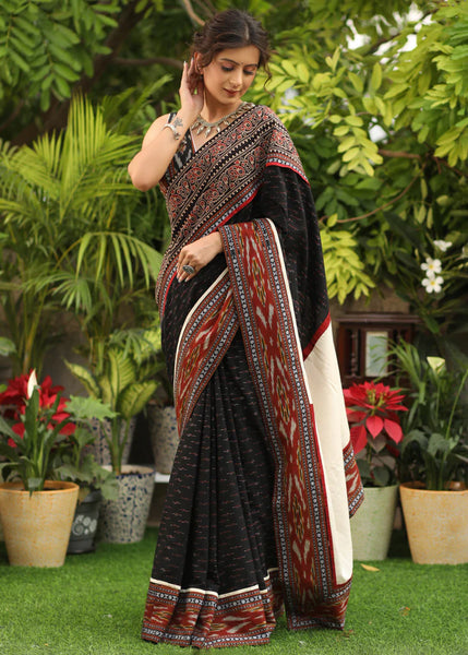 BLACK IKAAT SAREE WITH AJRAKH & IKAAT COMBINATION BORDER