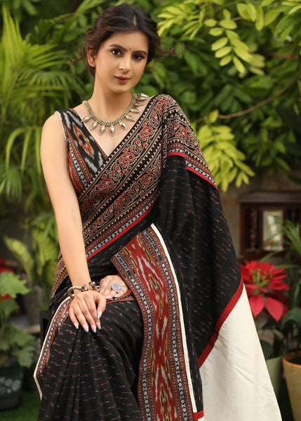 BLACK IKAAT SAREE WITH AJRAKH & IKAAT COMBINATION BORDER