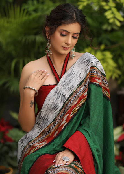 IKAT COTTON SAREE WITH GREEN PALLU AND GREY PLEATED BORDER