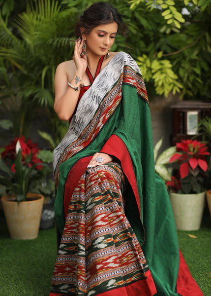 IKAT COTTON SAREE WITH GREEN PALLU AND GREY PLEATED BORDER