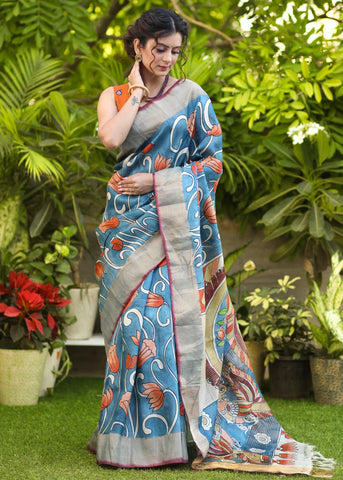 PURE TUSSER SILK SAREE WITH HAND PAINTED KALAMKARI DESIGN