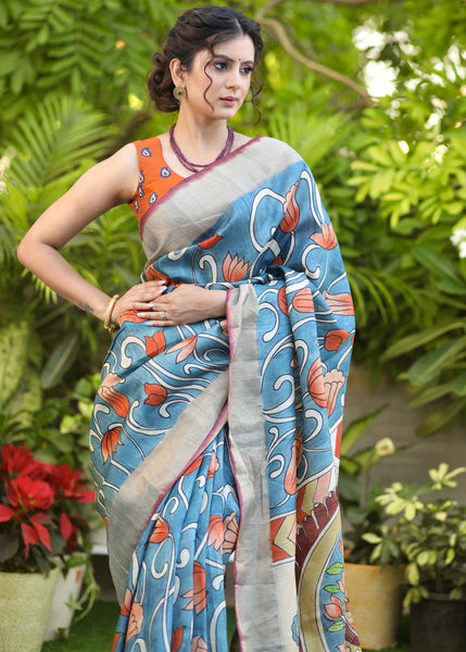 PURE TUSSER SILK SAREE WITH HAND PAINTED KALAMKARI DESIGN