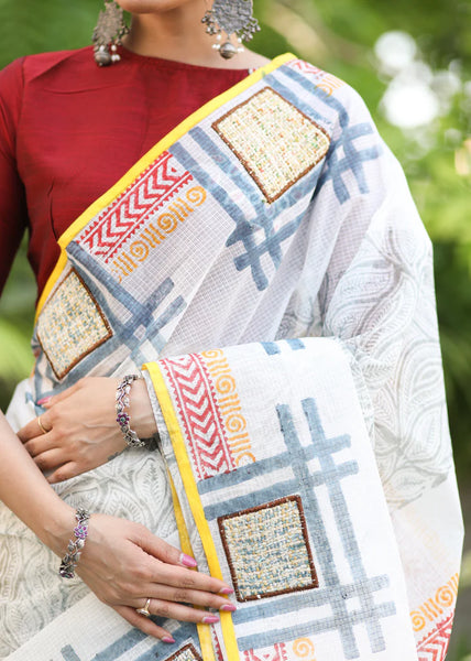 ABSTRACT WHITE BLOCK PRINT COTTON SAREE WITH EXCLUSIVE PATCHWORK