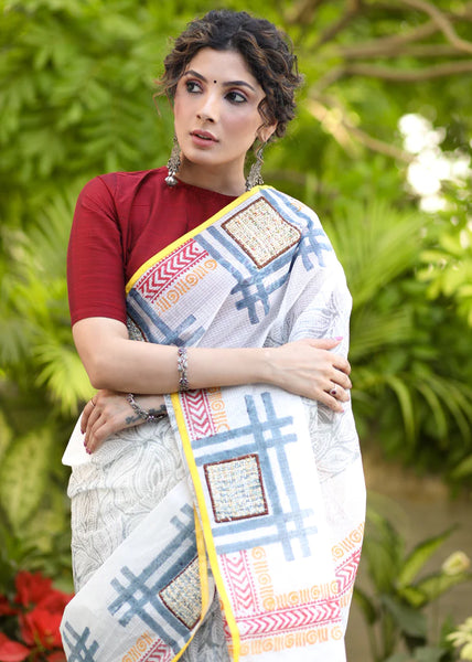 ABSTRACT WHITE BLOCK PRINT COTTON SAREE WITH EXCLUSIVE PATCHWORK