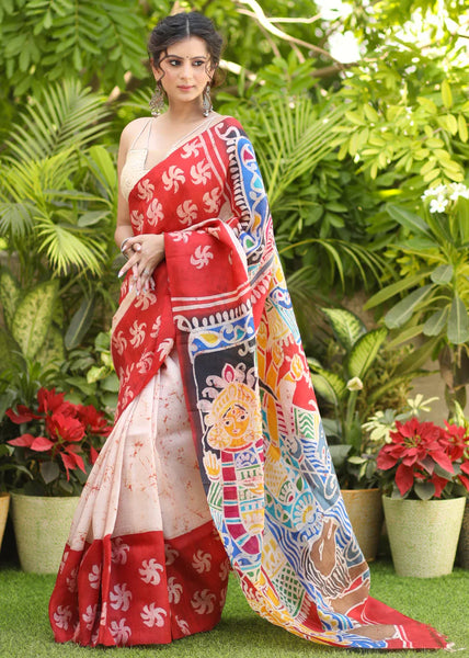 WHITE & RED PURE SILK MOMCHITRA BATIK SAREE