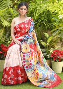 WHITE & RED PURE SILK MOMCHITRA BATIK SAREE
