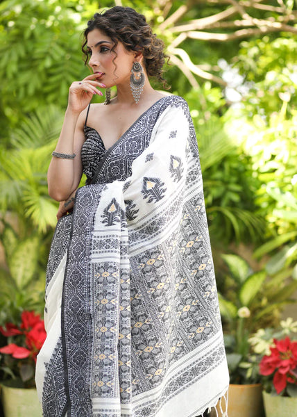BLACK & WHITE SAREE WITH BENGAL HANDLOOM COTTON HEAVY EMBROIDERED