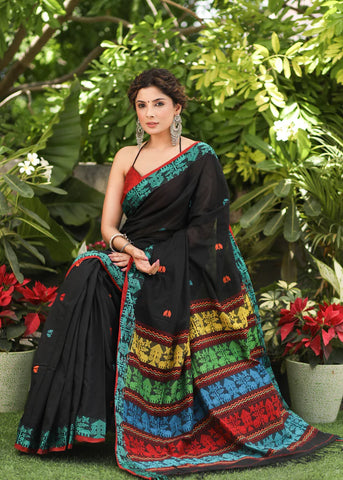 BLACK COTTON JAMDANI SAREE WITH ELEPHANT MOTIF