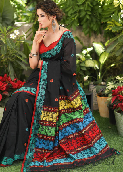 BLACK COTTON JAMDANI SAREE WITH ELEPHANT MOTIF