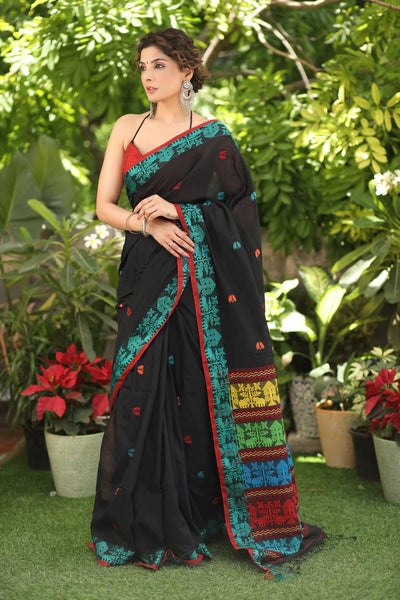 BLACK COTTON JAMDANI SAREE WITH ELEPHANT MOTIF