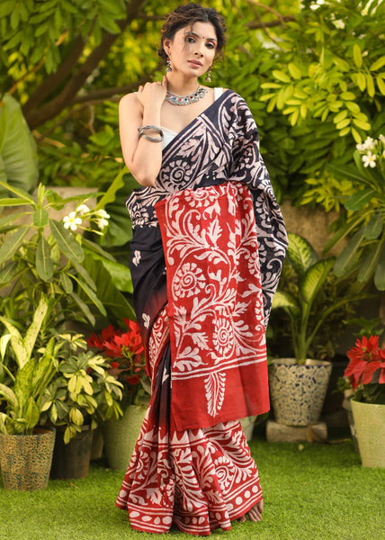 BLUE & RED COMBINATION MUL COTTON HAND BATIK SAREE
