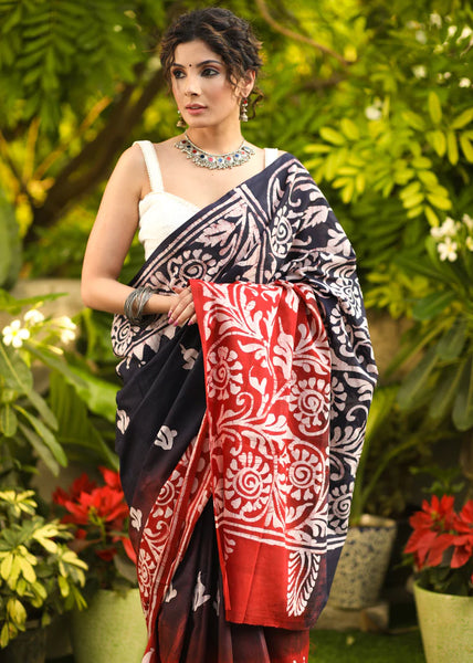 BLUE & RED COMBINATION MUL COTTON HAND BATIK SAREE