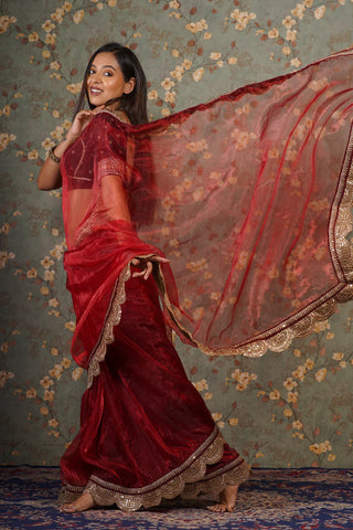 Red Glass Tissue Golden Mehraab Border Saree