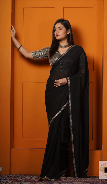 Black Pure Georgette Saree with Silver Embroidery