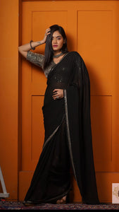 Black Pure Georgette Saree with Silver Embroidery