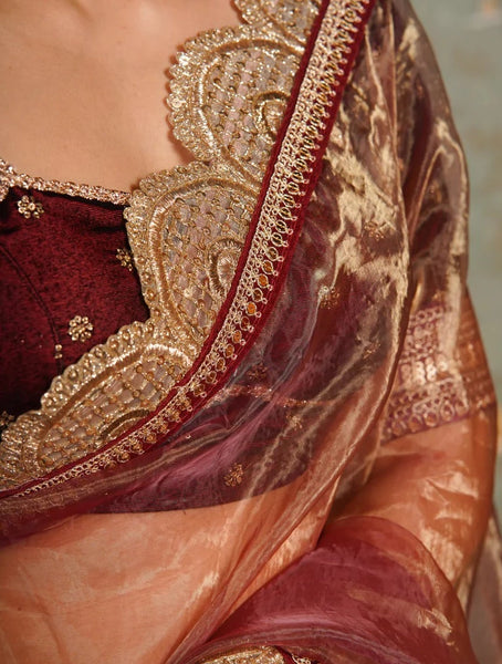 Golden Chocolate Glass Tissue Mehraab Border Saree