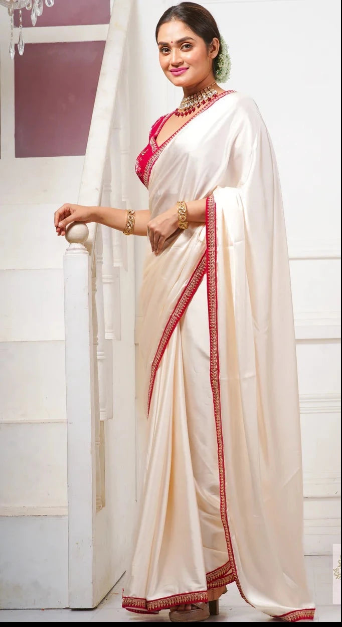 Cream Satin Saree with Red Border