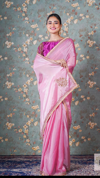 Pink Buttersilk Hand Embroidered Silk Saree
