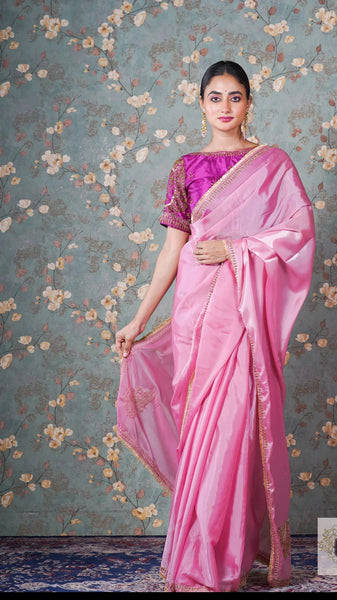 Pink Buttersilk Hand Embroidered Silk Saree
