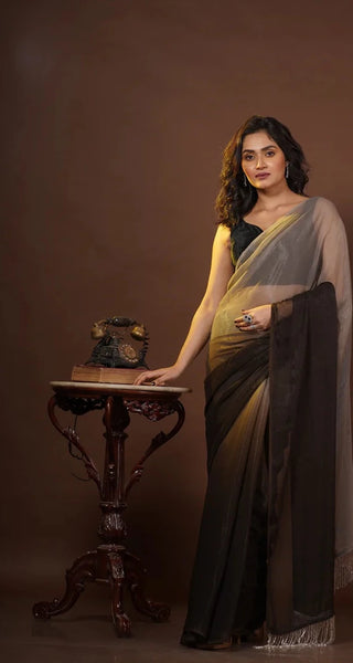 Cafe Americano Crushed Organza Ombré Saree
