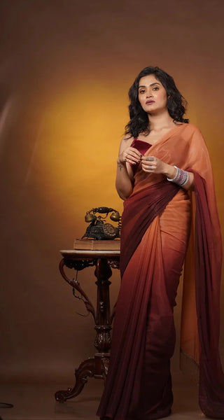 Biscotti Brown Crushed Organza Ombré Saree