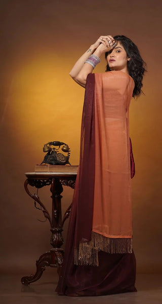 Biscotti Brown Crushed Organza Ombré Saree