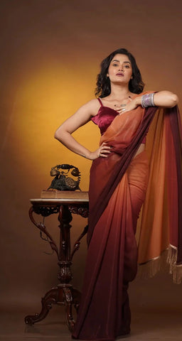Biscotti Brown Crushed Organza Ombré Saree