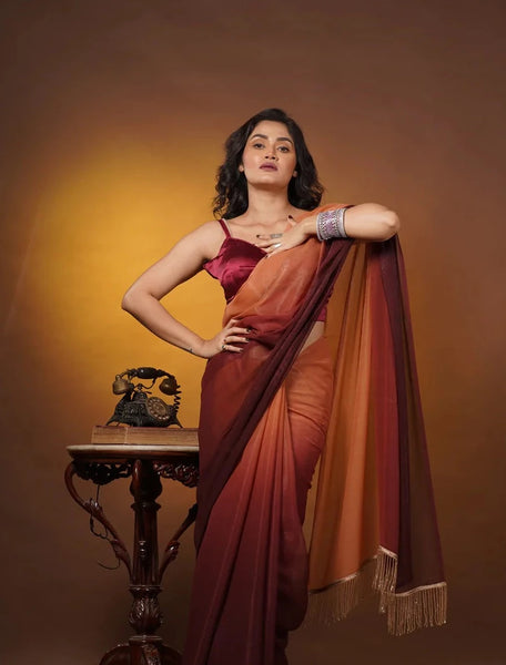 Biscotti Brown Crushed Organza Ombré Saree