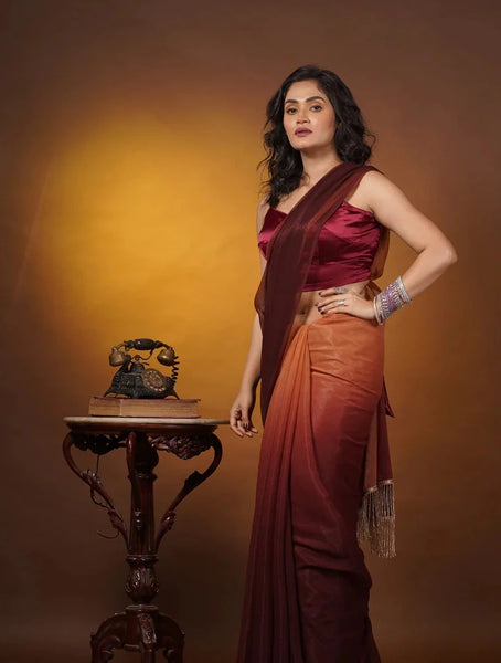 Biscotti Brown Crushed Organza Ombré Saree