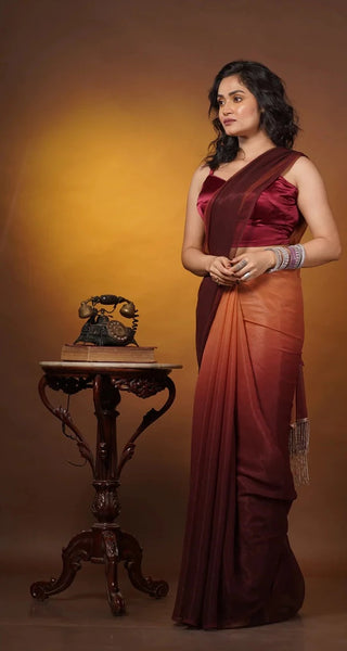 Biscotti Brown Crushed Organza Ombré Saree