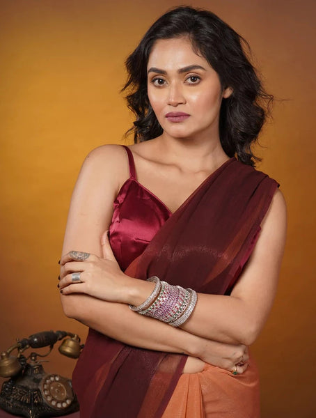 Biscotti Brown Crushed Organza Ombré Saree