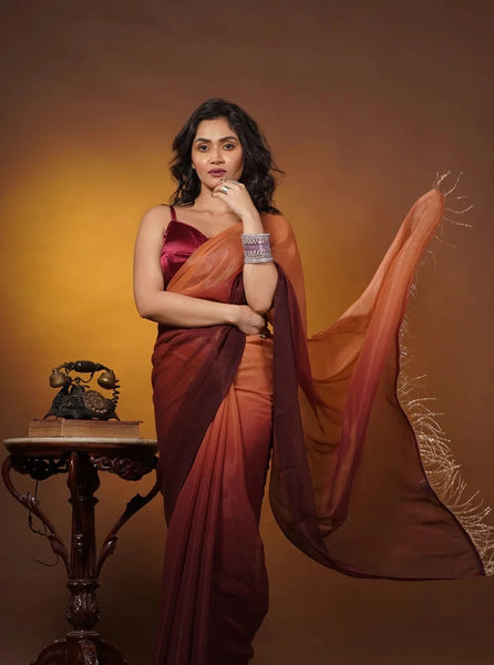 Biscotti Brown Crushed Organza Ombré Saree