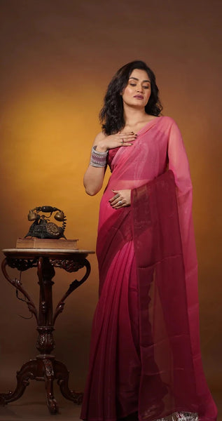 Pink Ombré Crushed Organza Saree