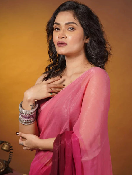Pink Ombré Crushed Organza Saree