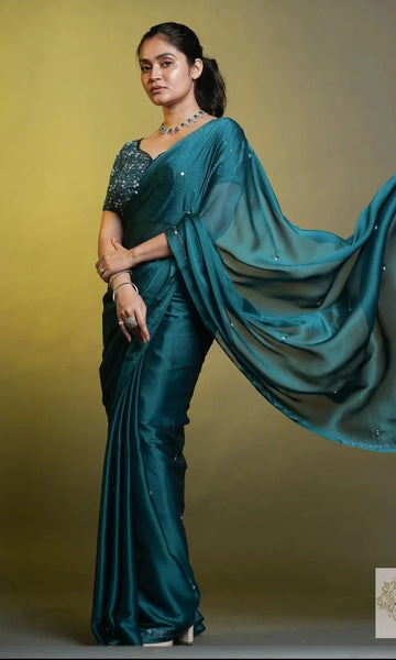 Azure Teal Blue Cocktail Georgette Saree