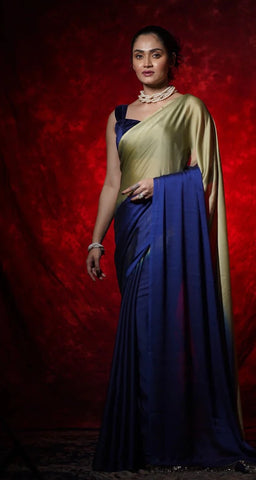 Navy Blue-Olive Georgette Ombre Saree
