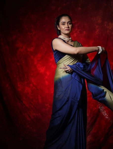 Navy Blue-Olive Georgette Ombre Saree