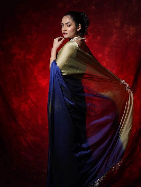 Navy Blue-Olive Georgette Ombre Saree