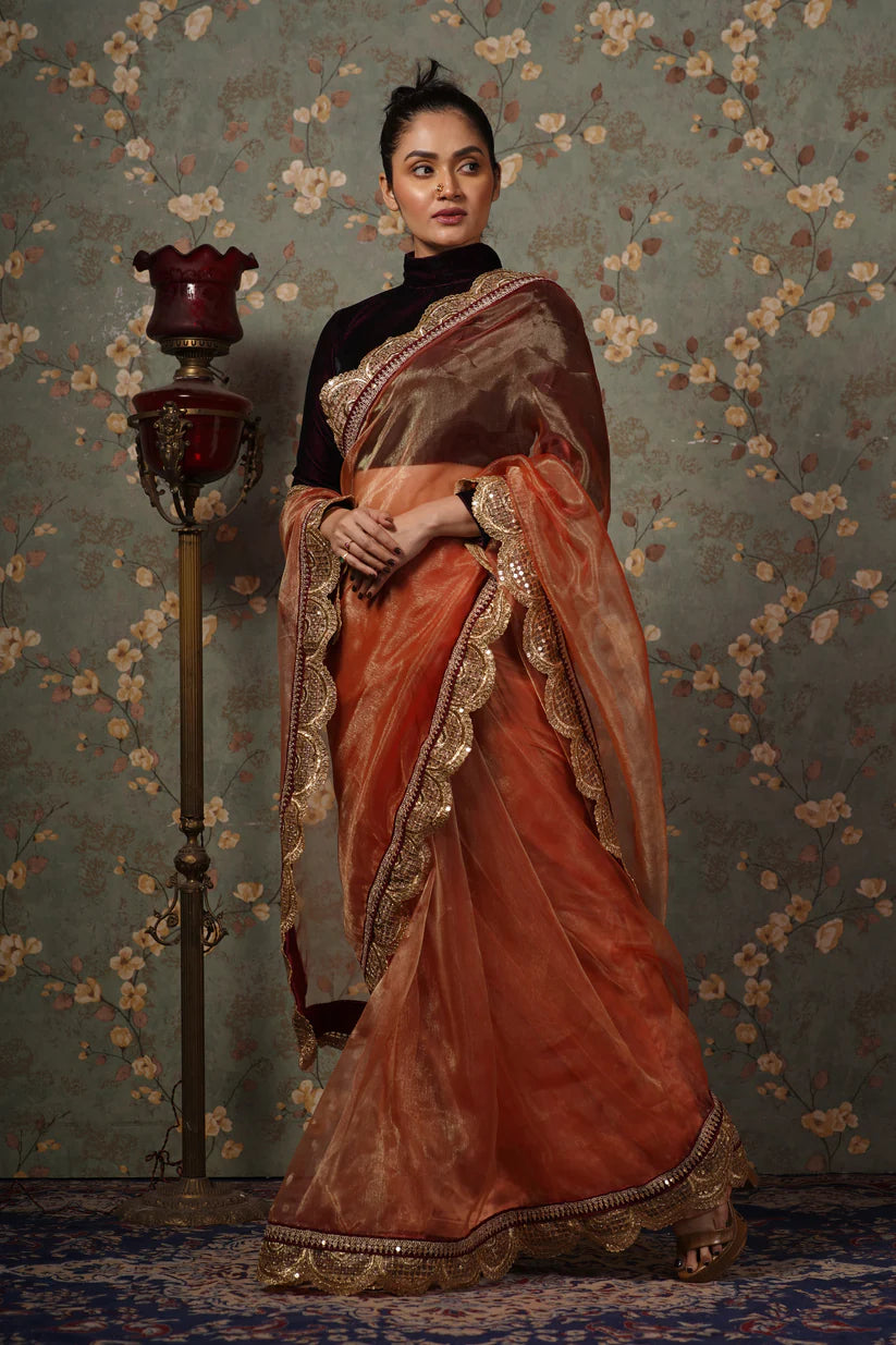 Marigold Glass Tissue Mehraab Border Saree