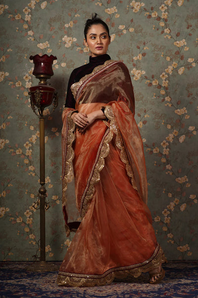 Marigold Glass Tissue Mehraab Border Saree