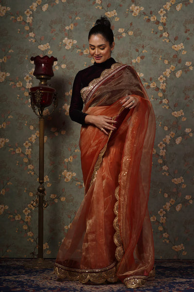 Marigold Glass Tissue Mehraab Border Saree