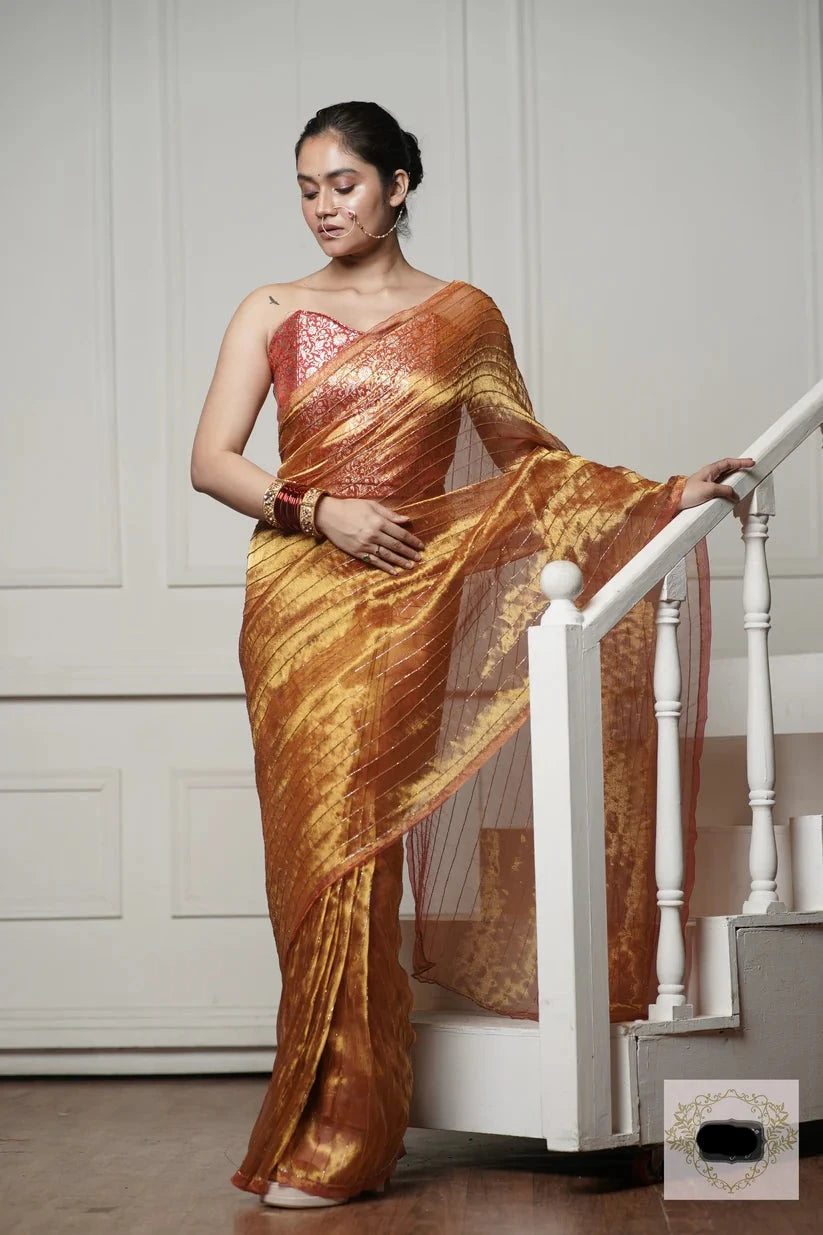 Fiery Gold Tissue Noorani Saree