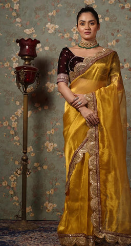 Yellow Gold Zari Tissue Mehraab Border Saree