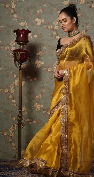 Yellow Gold Zari Tissue Mehraab Border Saree