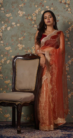 Marigold Glass Tissue Golden Scallop Border Saree