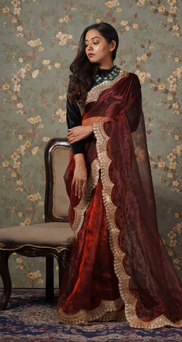 Maroon Glass Tissue with Golden Border Saree