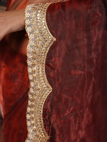 Maroon Glass Tissue with Golden Border Saree